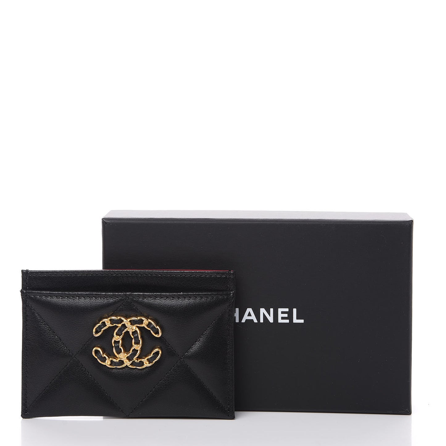 Shiny Goatskin Quilted Chanel 19 Card Holder Black