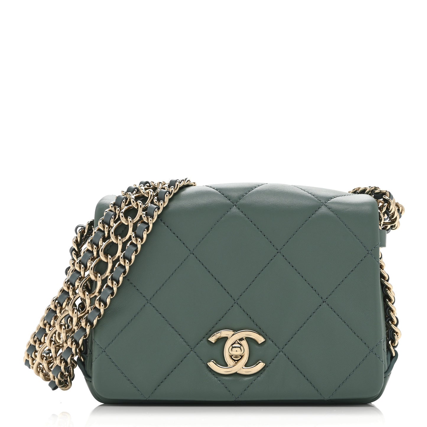 Lambskin Quilted Mini Chain Rows Flap  Green
