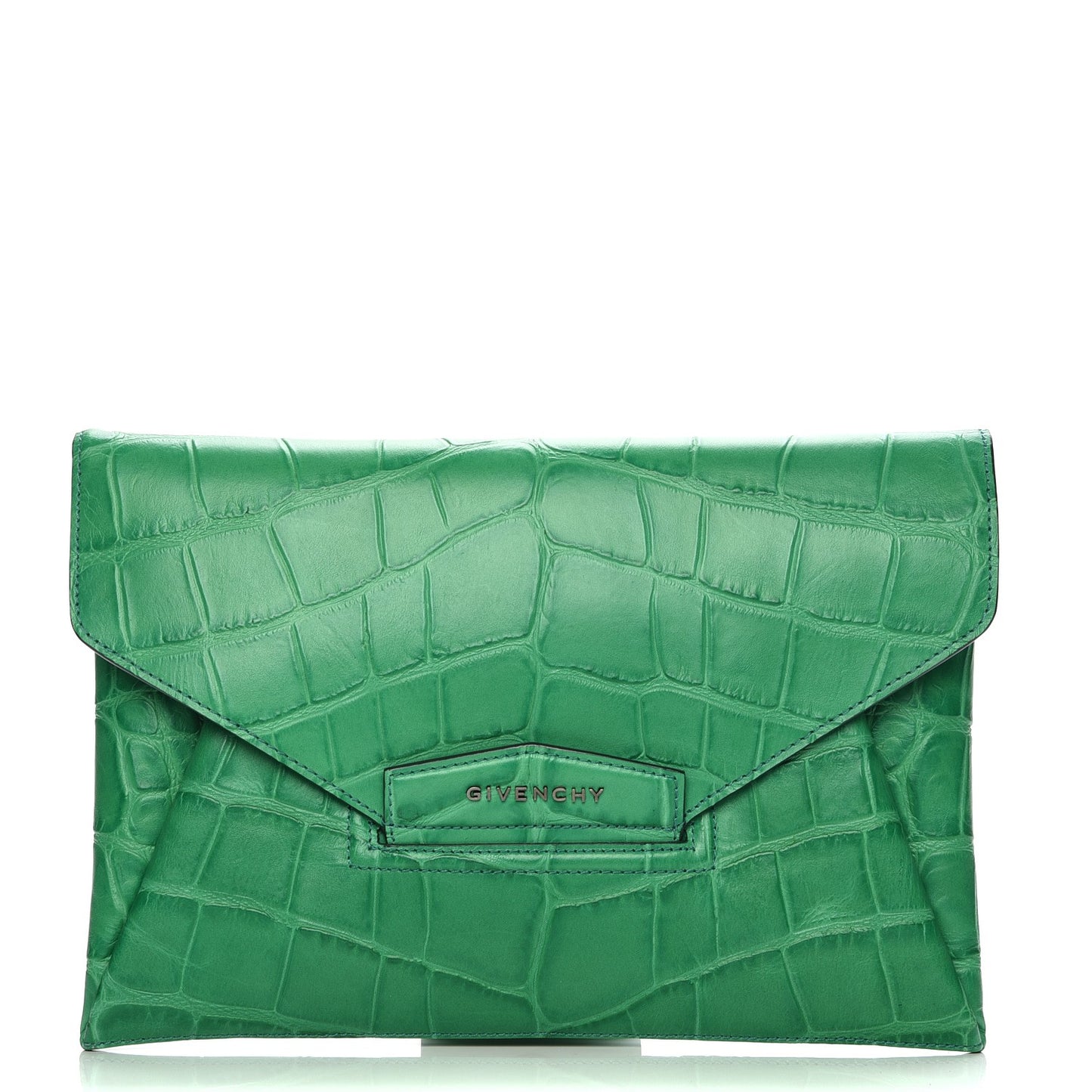Calfskin Crocodile Embossed Medium Antigona Envelope Clutch Emerald