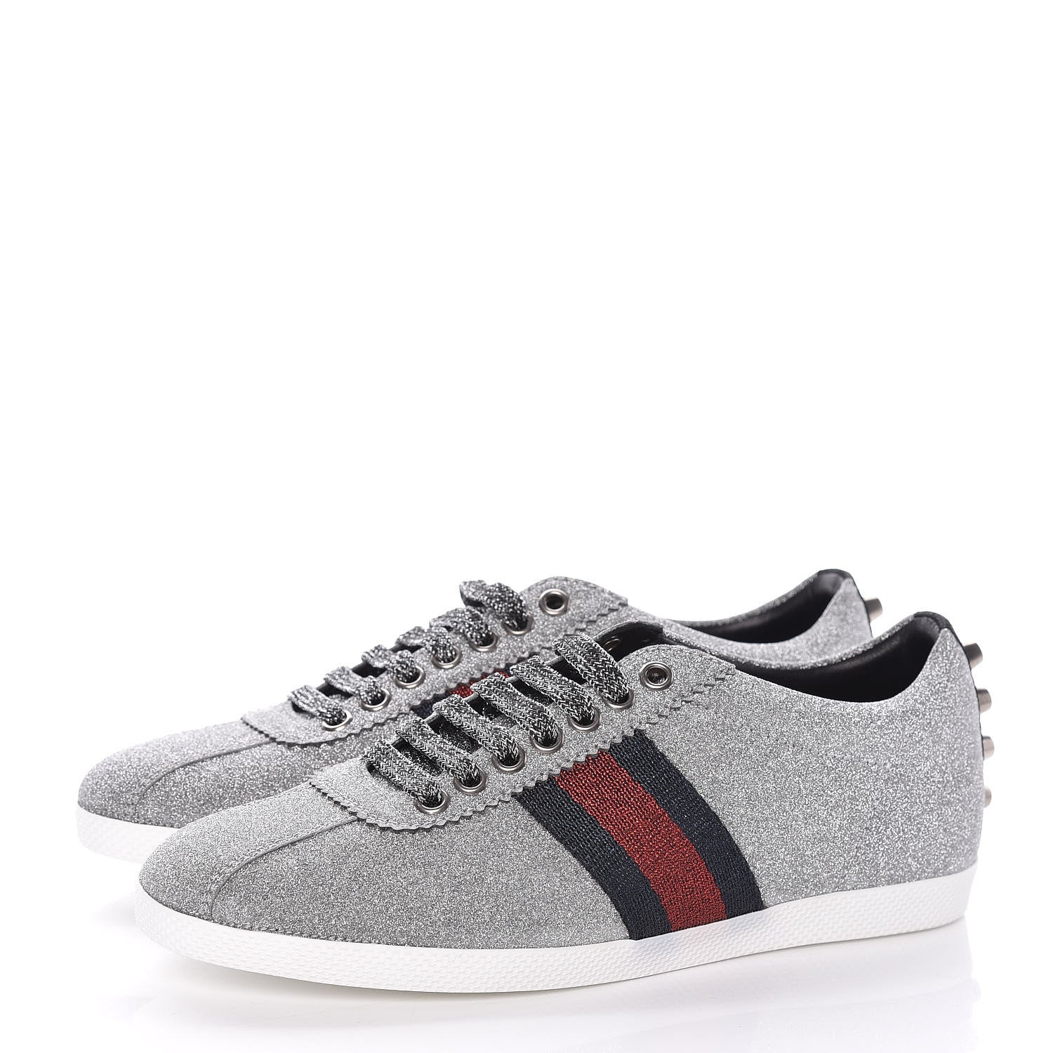 Gucci Glitter Fabric Studded Web Sneakers 36.5 Silver 3 of 11