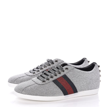 Gucci Glitter Fabric Studded Web Sneakers 36.5 Silver 3 of 11