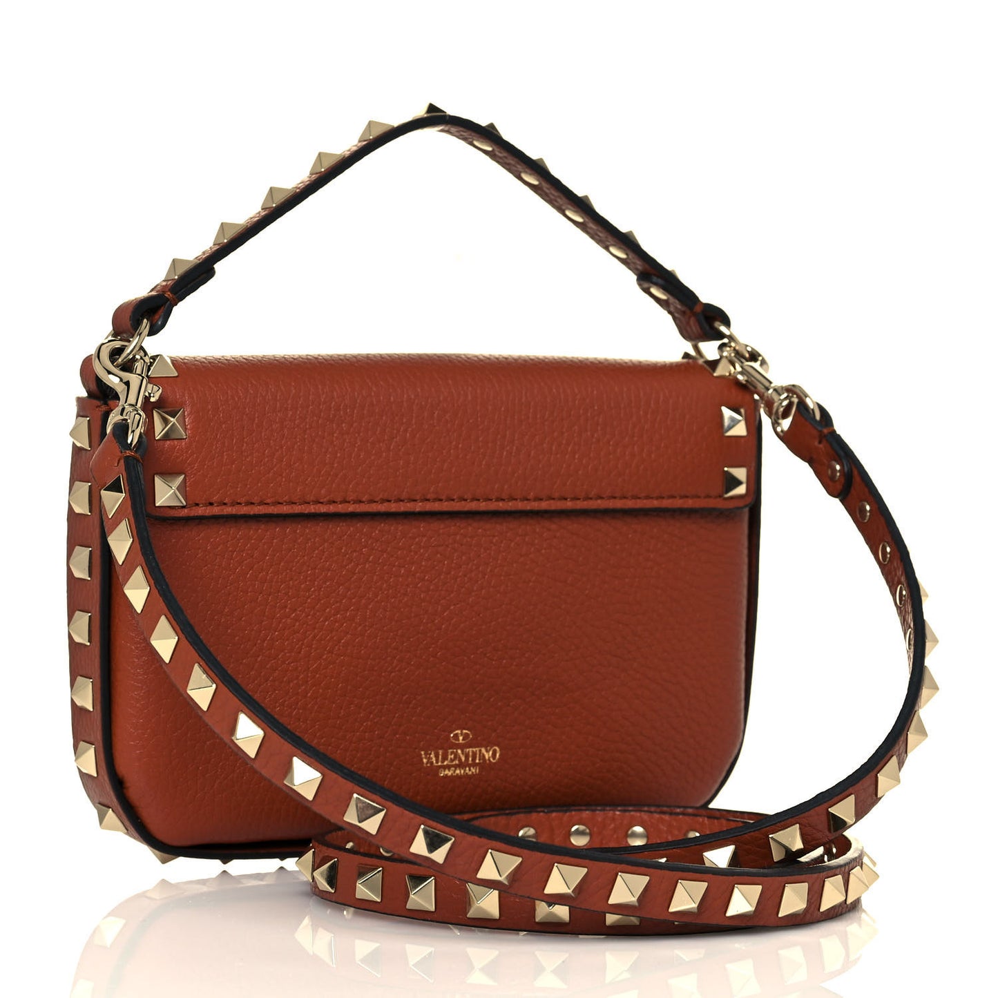 Grainy Calfskin Rockstud Crossbody Pouch Saddle Brown