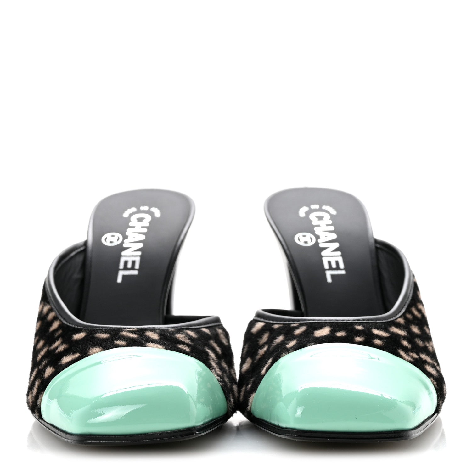 Chanel Pony Hair Lambskin Patent Calfskin Cap Toe Mules 38.5 Black White Green 3 of 10