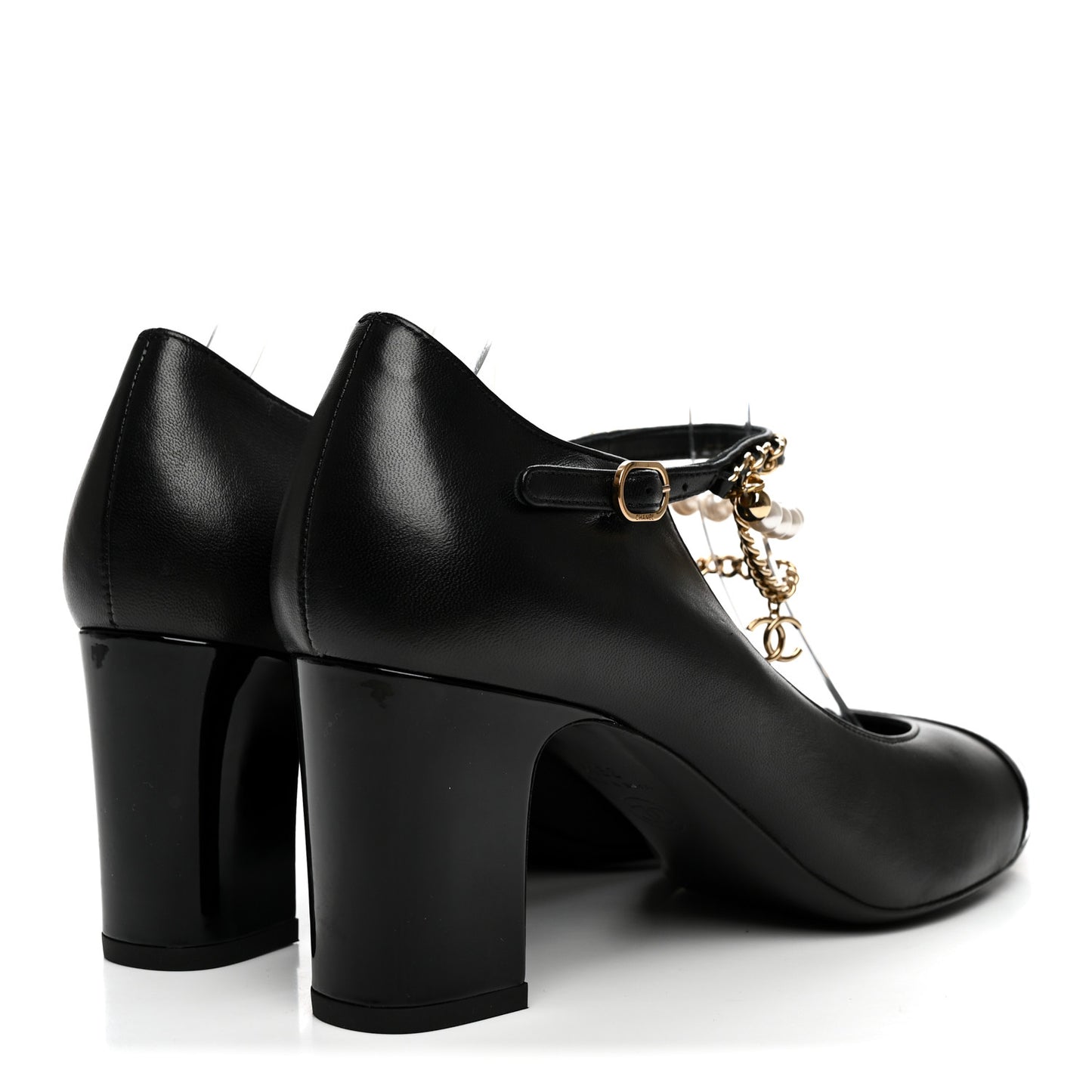 Shiny Lambskin Patent Calfskin Cap Toe Ankle Pearl Chain Pumps 39.5 Black