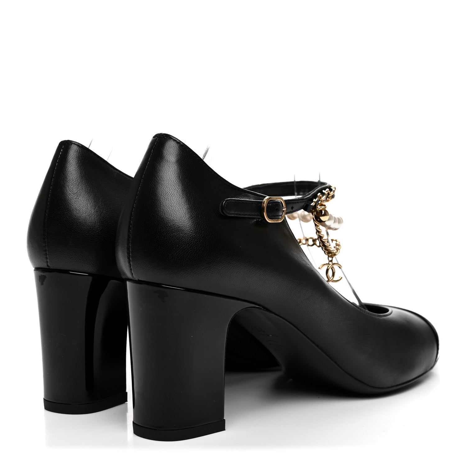 Chanel Shiny Lambskin Patent Calfskin Cap Toe Ankle Pearl Chain Pumps 39.5 Black 5 of 9