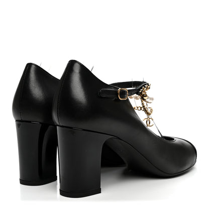 Chanel Shiny Lambskin Patent Calfskin Cap Toe Ankle Pearl Chain Pumps 39.5 Black 5 of 9