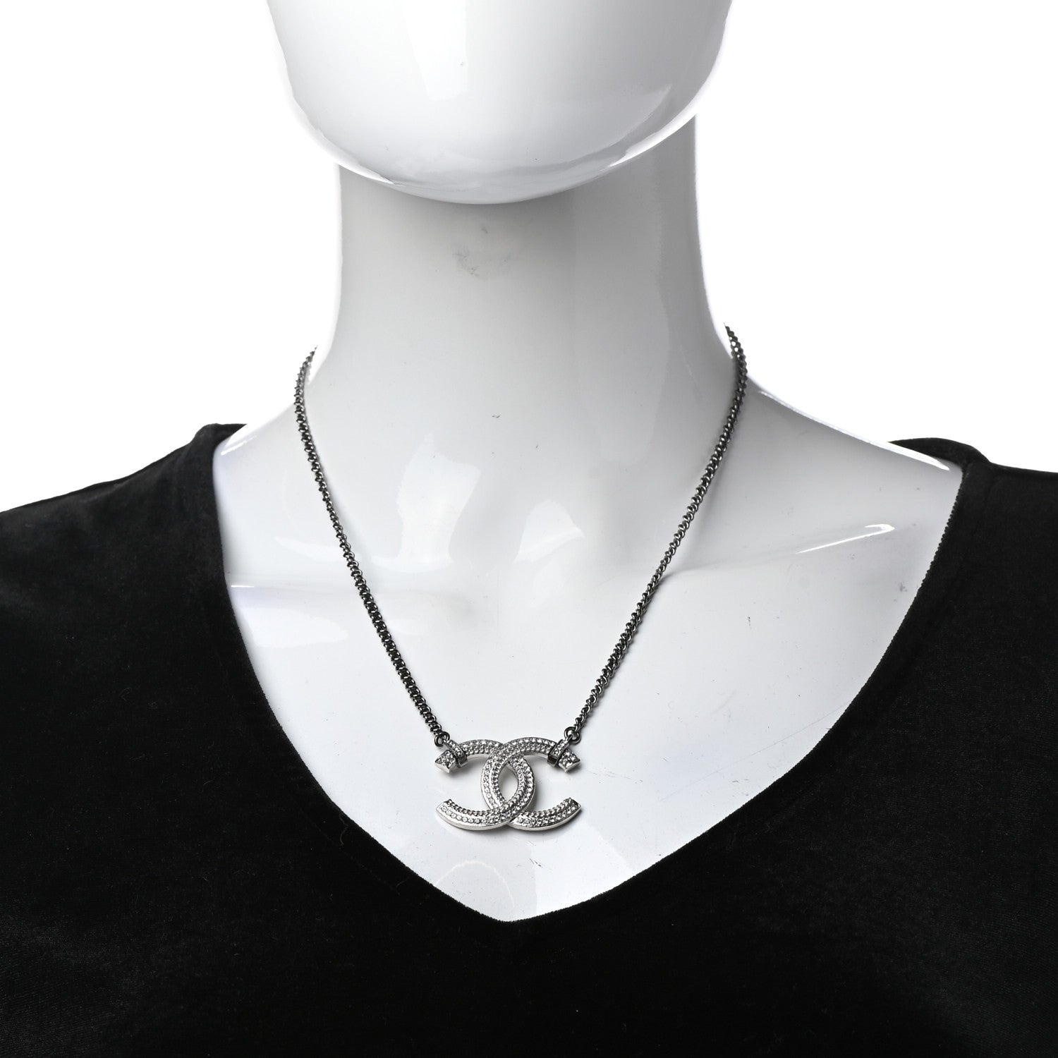 Chanel Crystal CC Pendant Necklace Silver 2 of 7