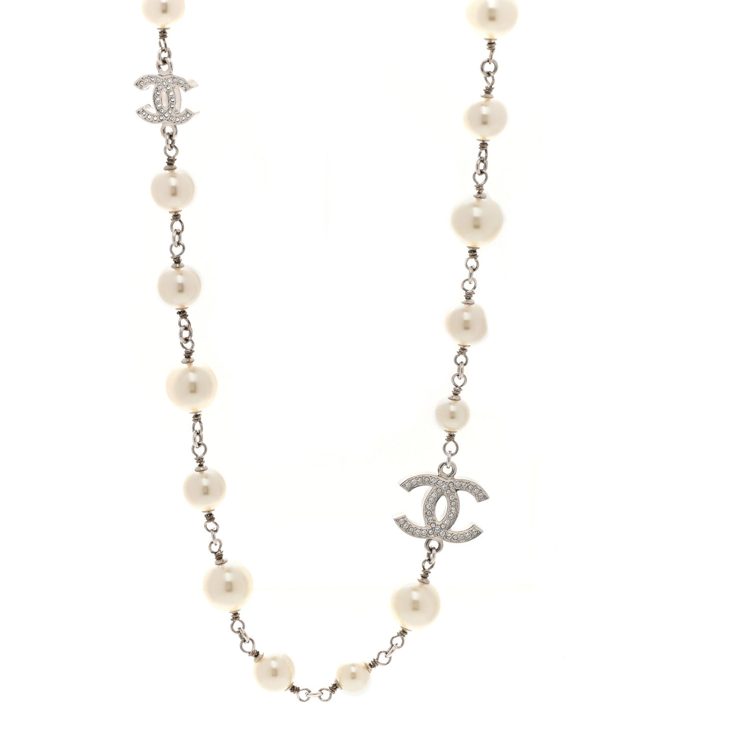 Graduated Pearl Crystal CC Long Necklace Silver