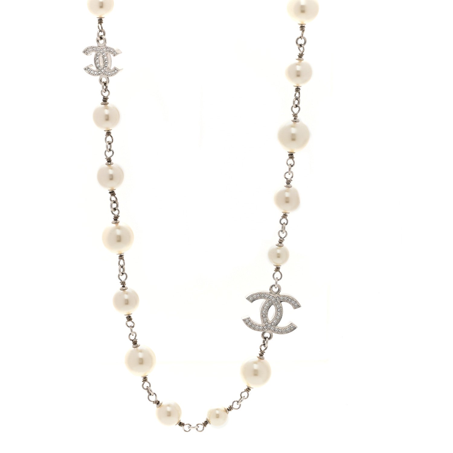 Chanel Graduated Pearl Crystal CC Long Necklace Silver 4 of 6
