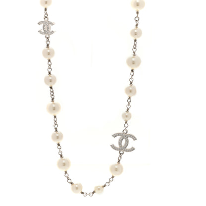 Chanel Graduated Pearl Crystal CC Long Necklace Silver 4 of 6