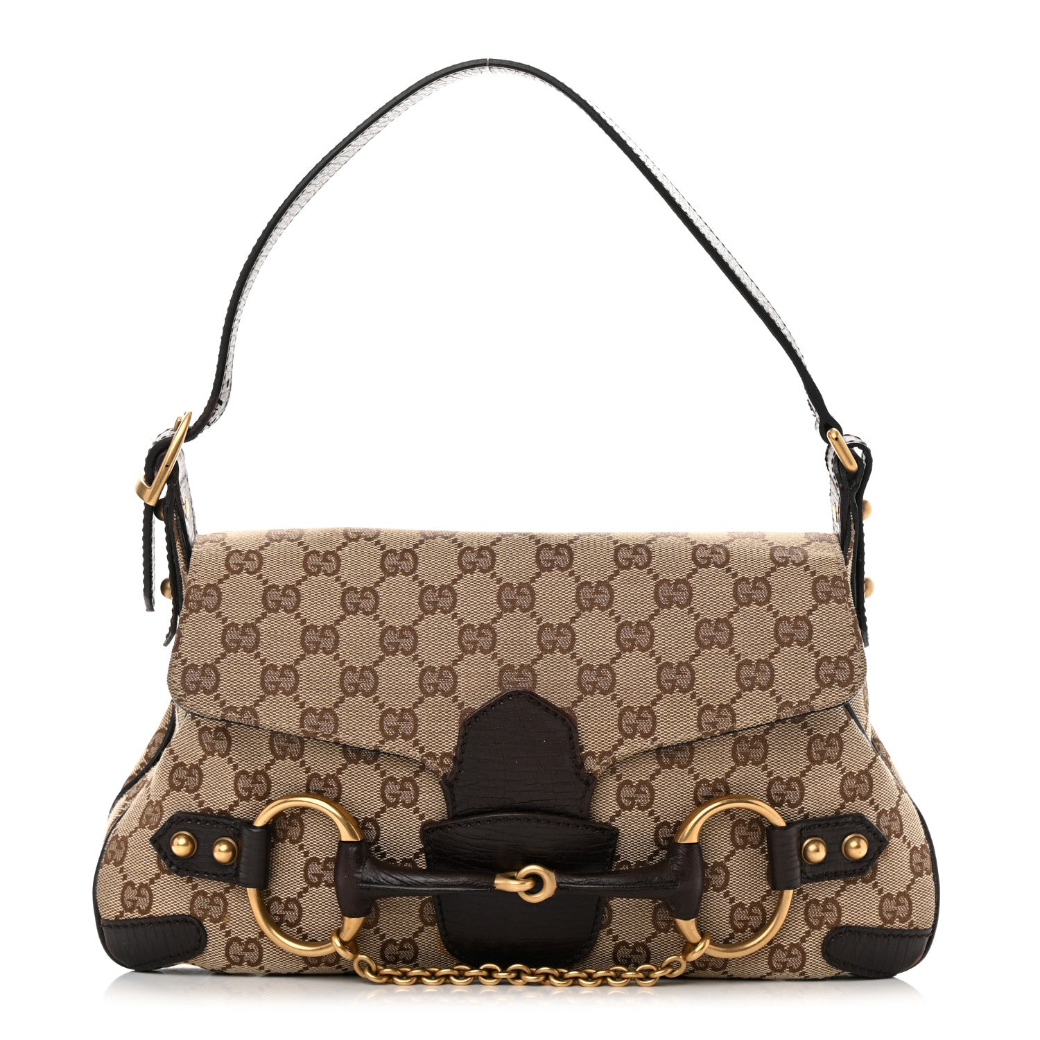 Gucci Monogram Horsebit Chain Flap Shoulder Bag Brown 1 of 13