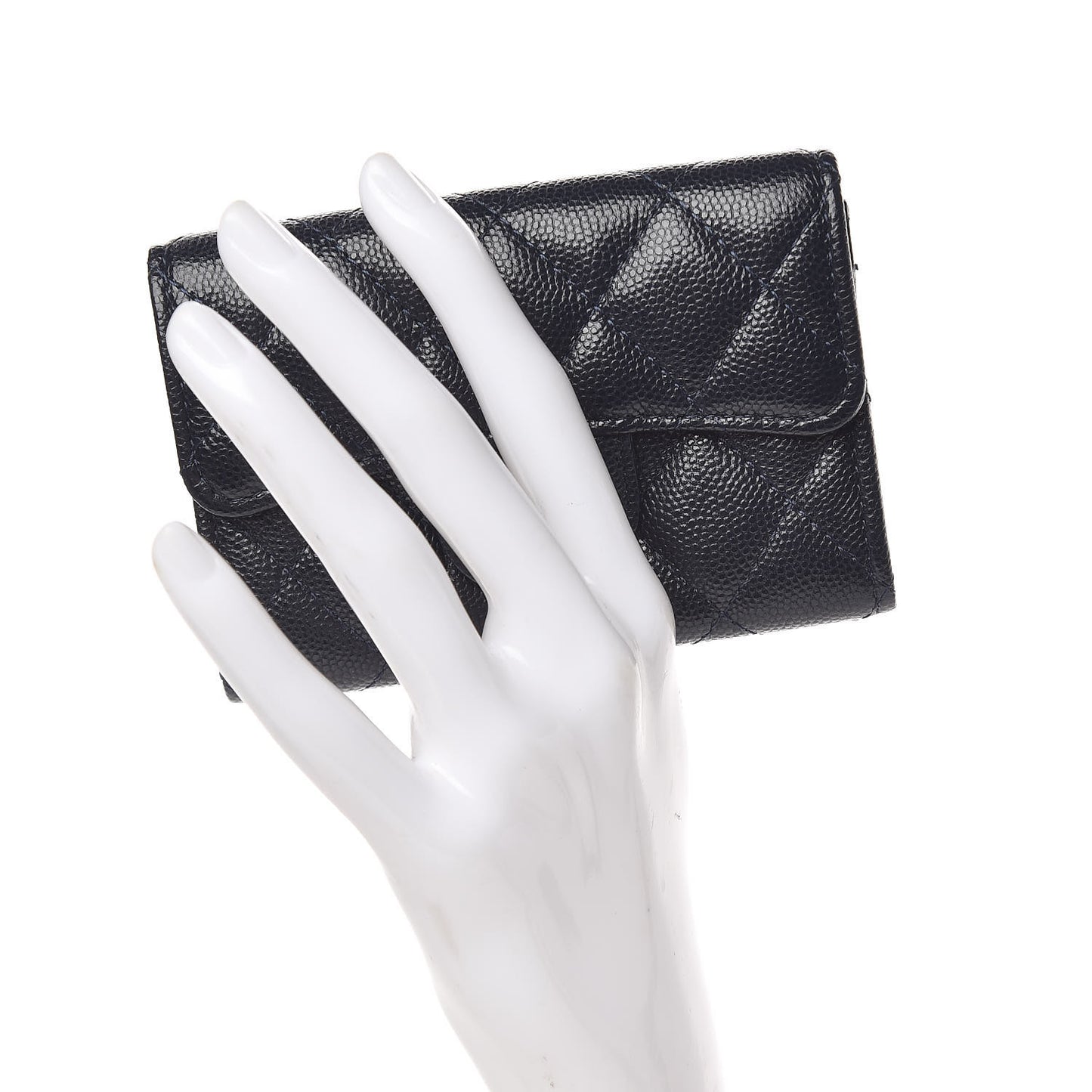 Caviar Quilted Flap Card Holder Wallet Navy Blue