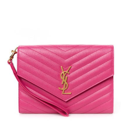 Saint Laurent Grain De Poudre Matelasse Chevron Monogram Envelope Clutch Fuchsia 1 of 8