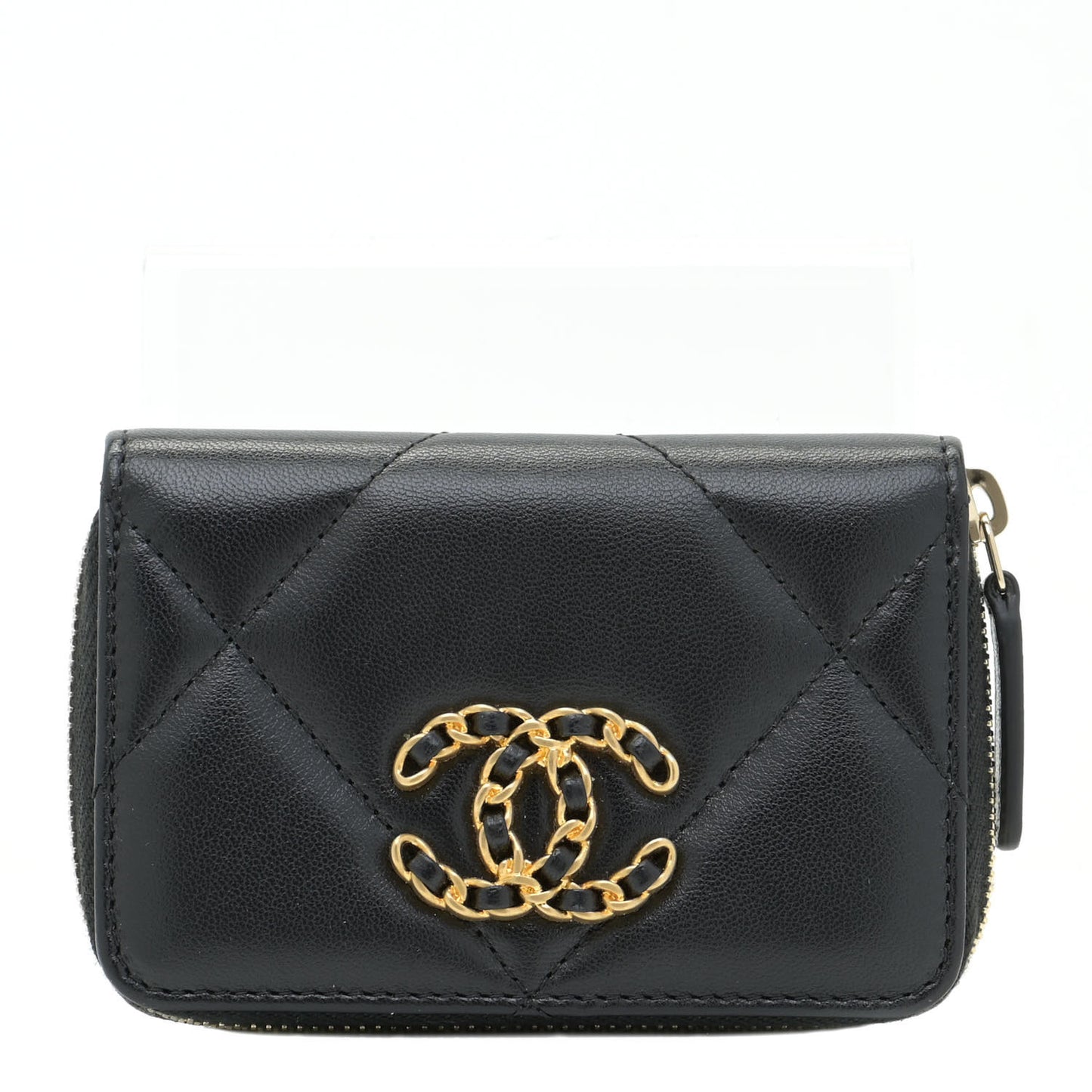 Lambskin Quilted Chanel 19 Zip Around Coin Purse Wallet Black