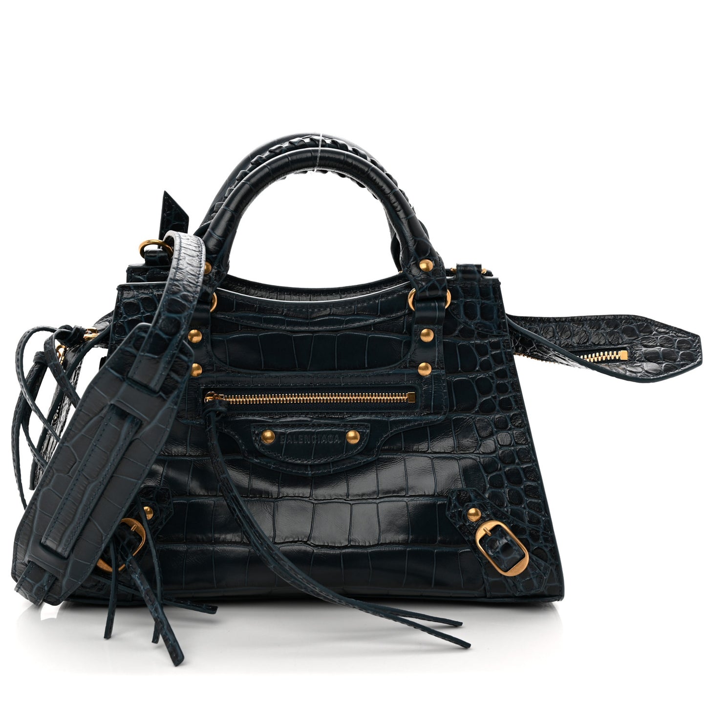 Extra Supple Calfskin Crocodile Embossed Neo Gold Hardware XS City Denim Blue