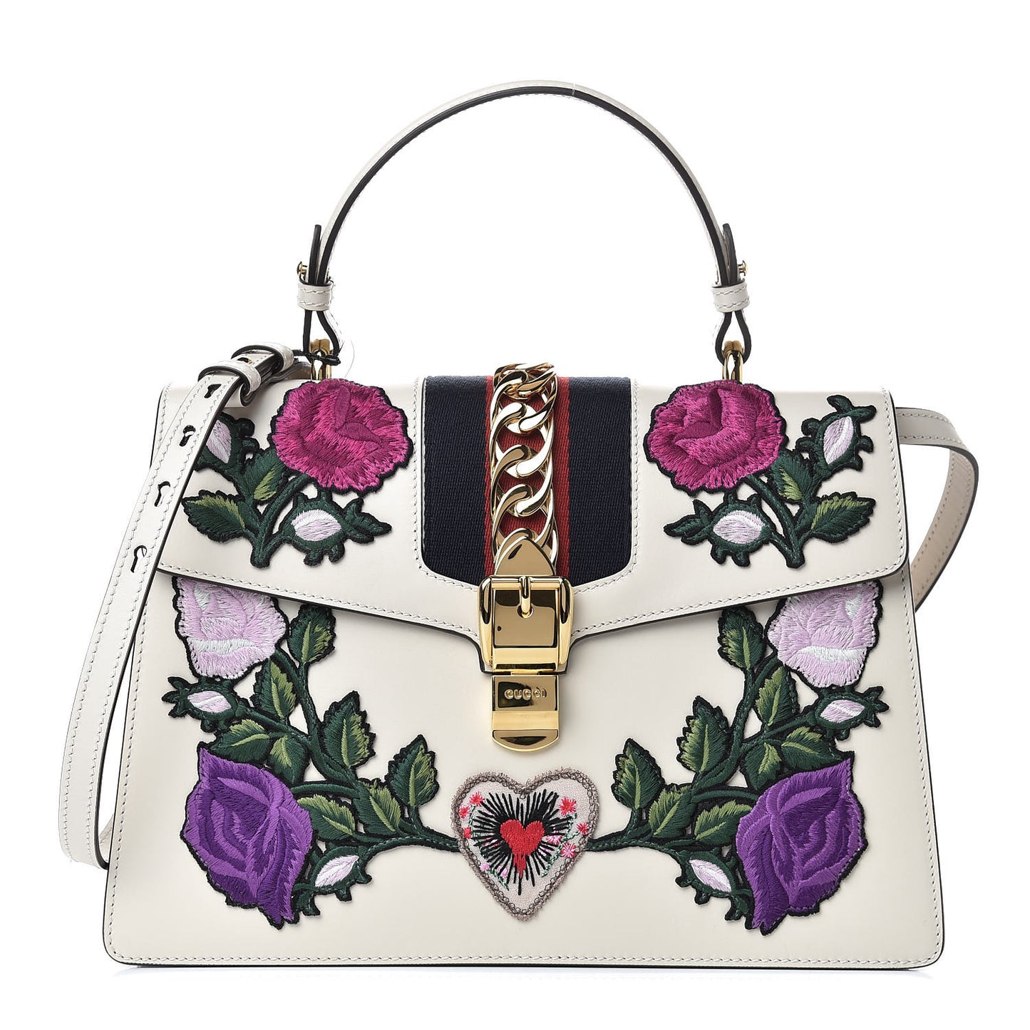 Calfskin Embroidered Medium Sylvie Top Handle Bag White