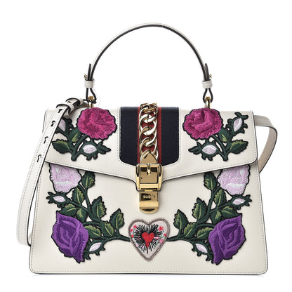 Gucci Calfskin Embroidered Medium Sylvie Top Handle Bag White 1 of 10