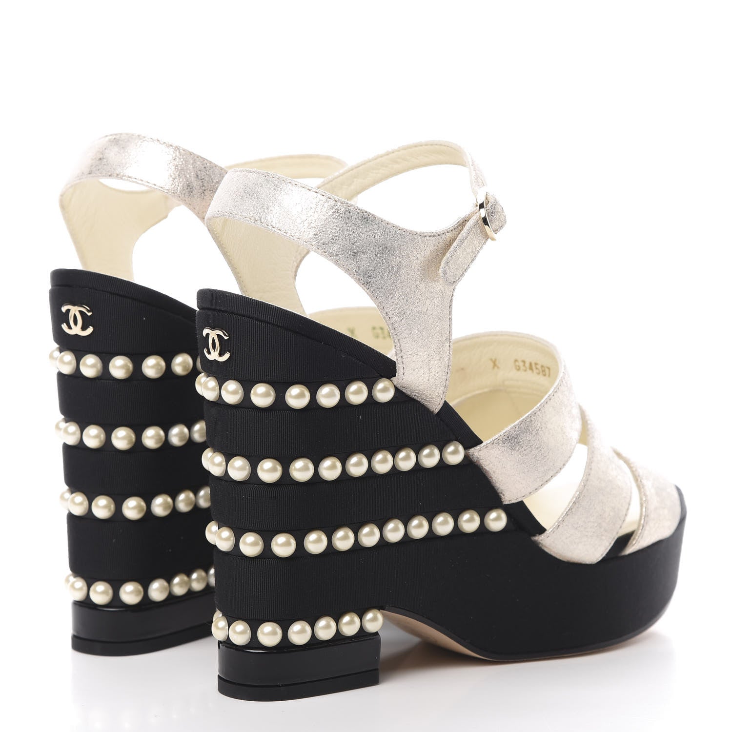 Chanel Metallic Crumpled Calfskin Grosgrain Pearl Wedge Sandals 39.5 Black Silver 4 of 9