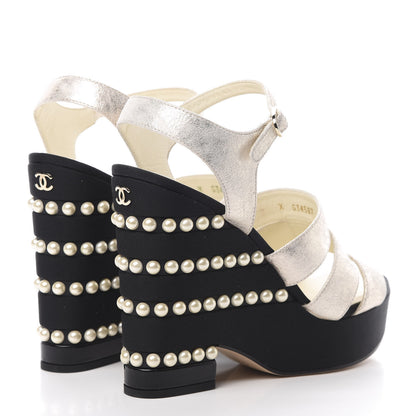 Chanel Metallic Crumpled Calfskin Grosgrain Pearl Wedge Sandals 39.5 Black Silver 4 of 9