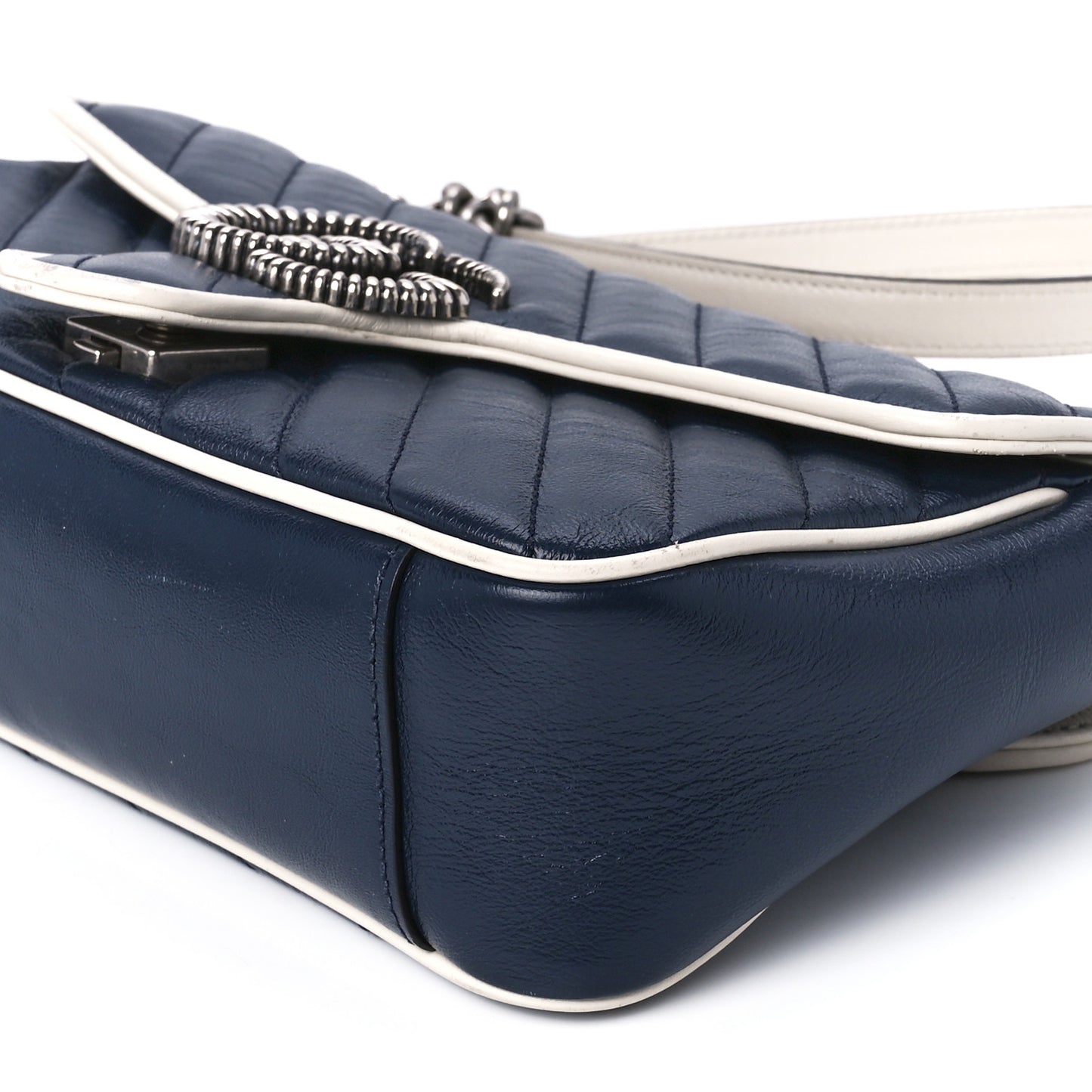 Vintage Effect Calfskin Matelasse Diagonal Small Torchon GG Marmont Shoulder Bag Blue Agata Mystic White