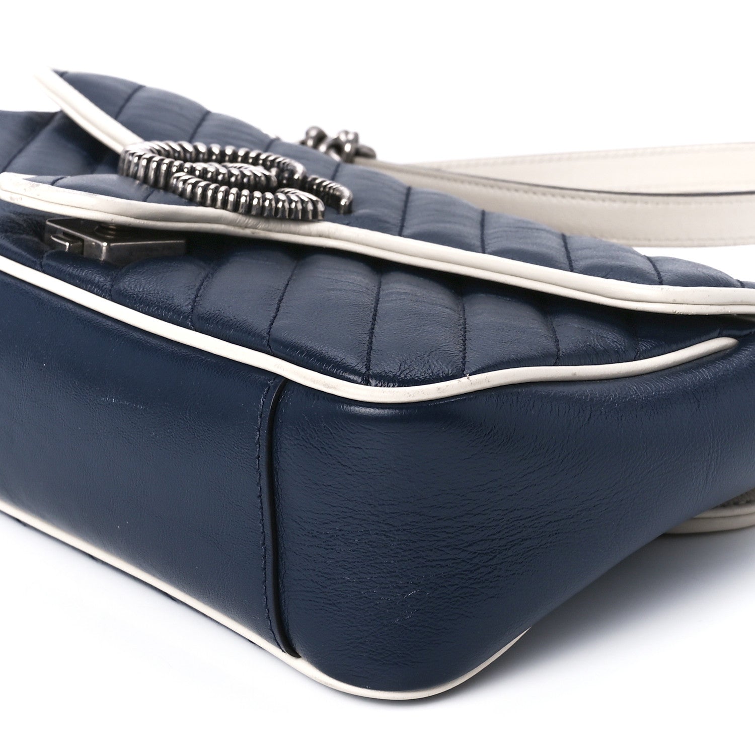 Gucci Vintage Effect Calfskin Matelasse Diagonal Small Torchon GG Marmont Shoulder Bag Blue Agata Mystic White 12 of 12