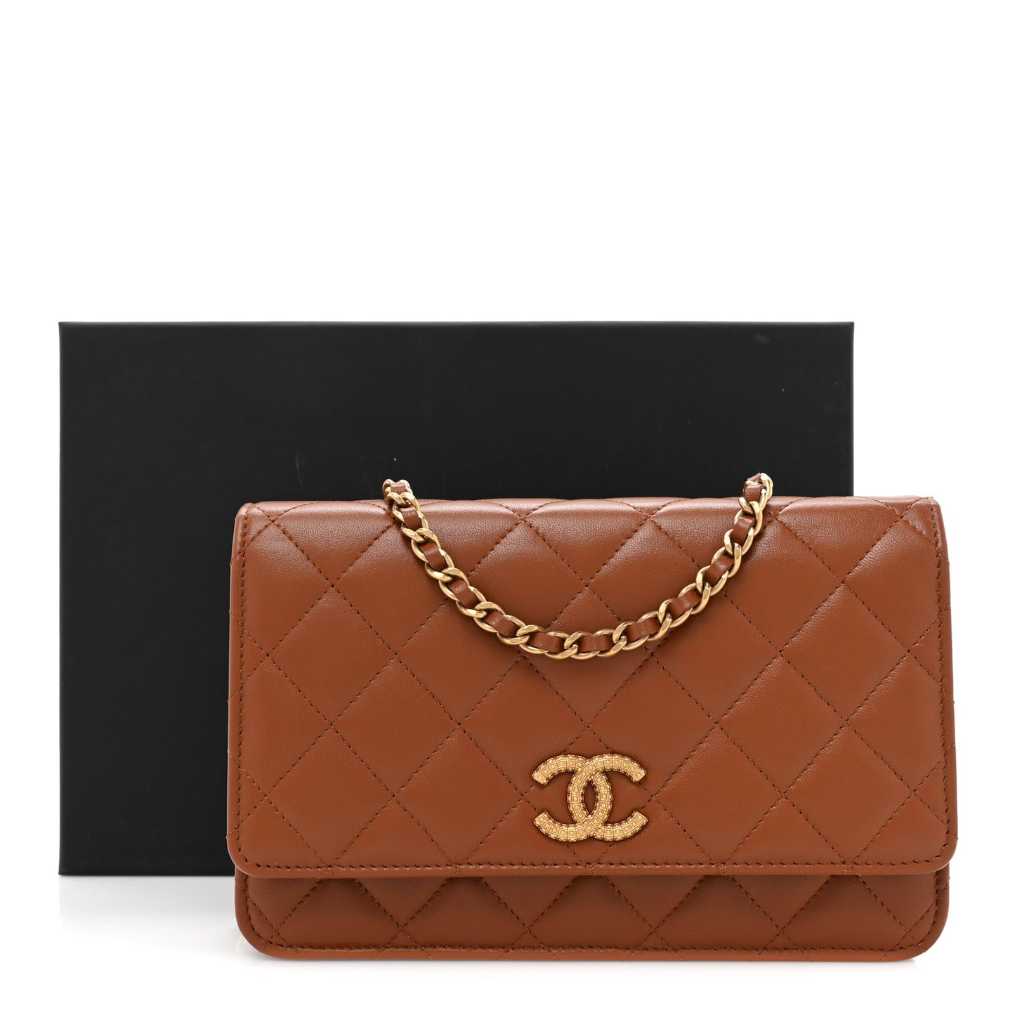 Lambskin Quilted Studded CC Wallet On Chain WOC Light Brown