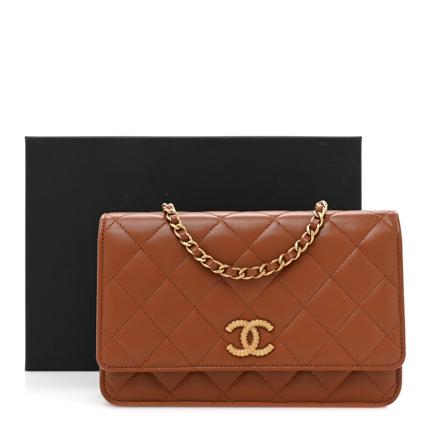 Chanel Lambskin Quilted Studded CC Wallet On Chain WOC Light Brown 12 of 12