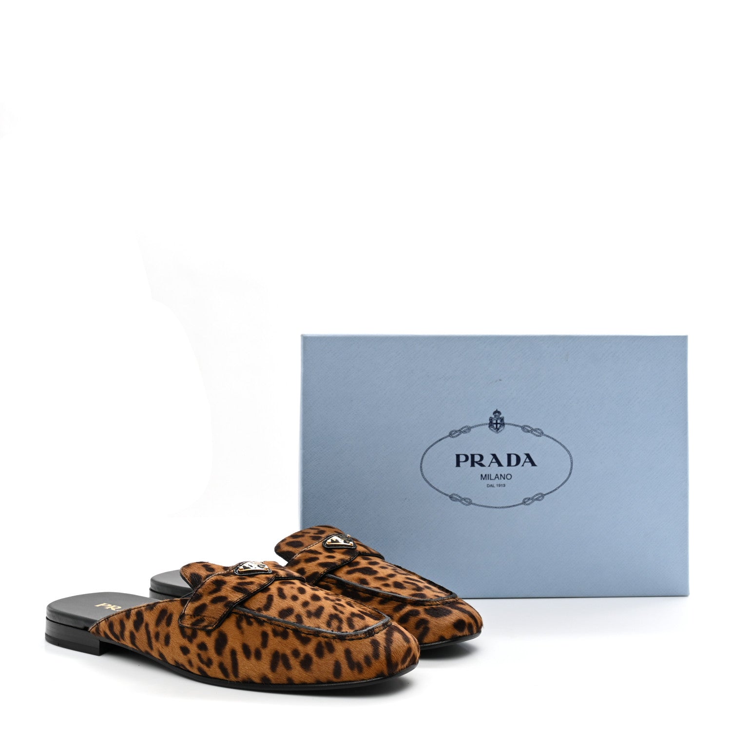 Prada Pony Hair Leopard Metal Triangle Logo 10mm Loafer Mules 40