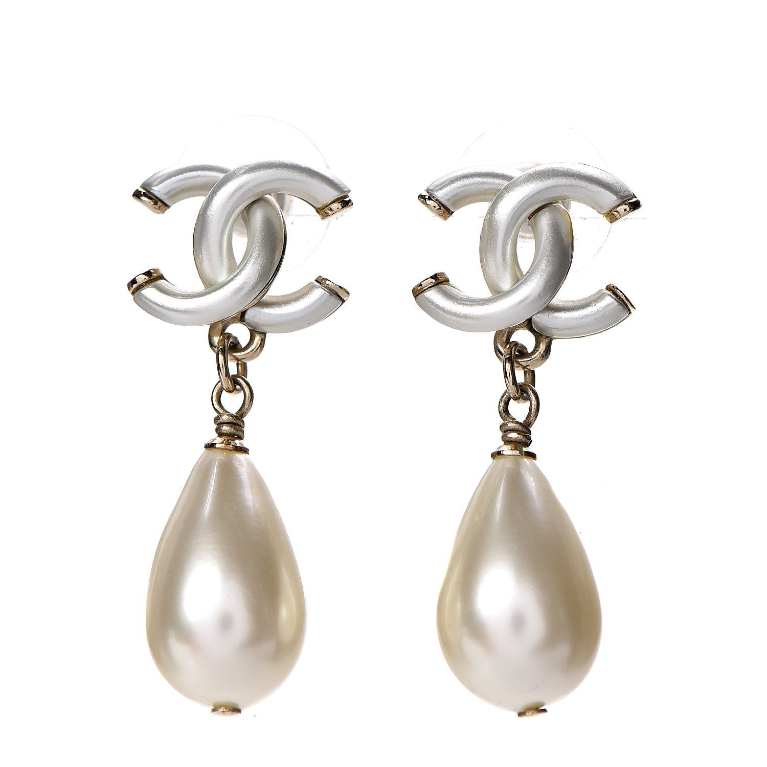 Chanel Pearl CC Drop Earrings Gold Pearly White 1 of 5