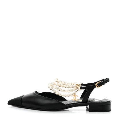 Chanel Lambskin Grosgrain Cap Toe Pearl Slingbacks 40.5 Black 1 of 10