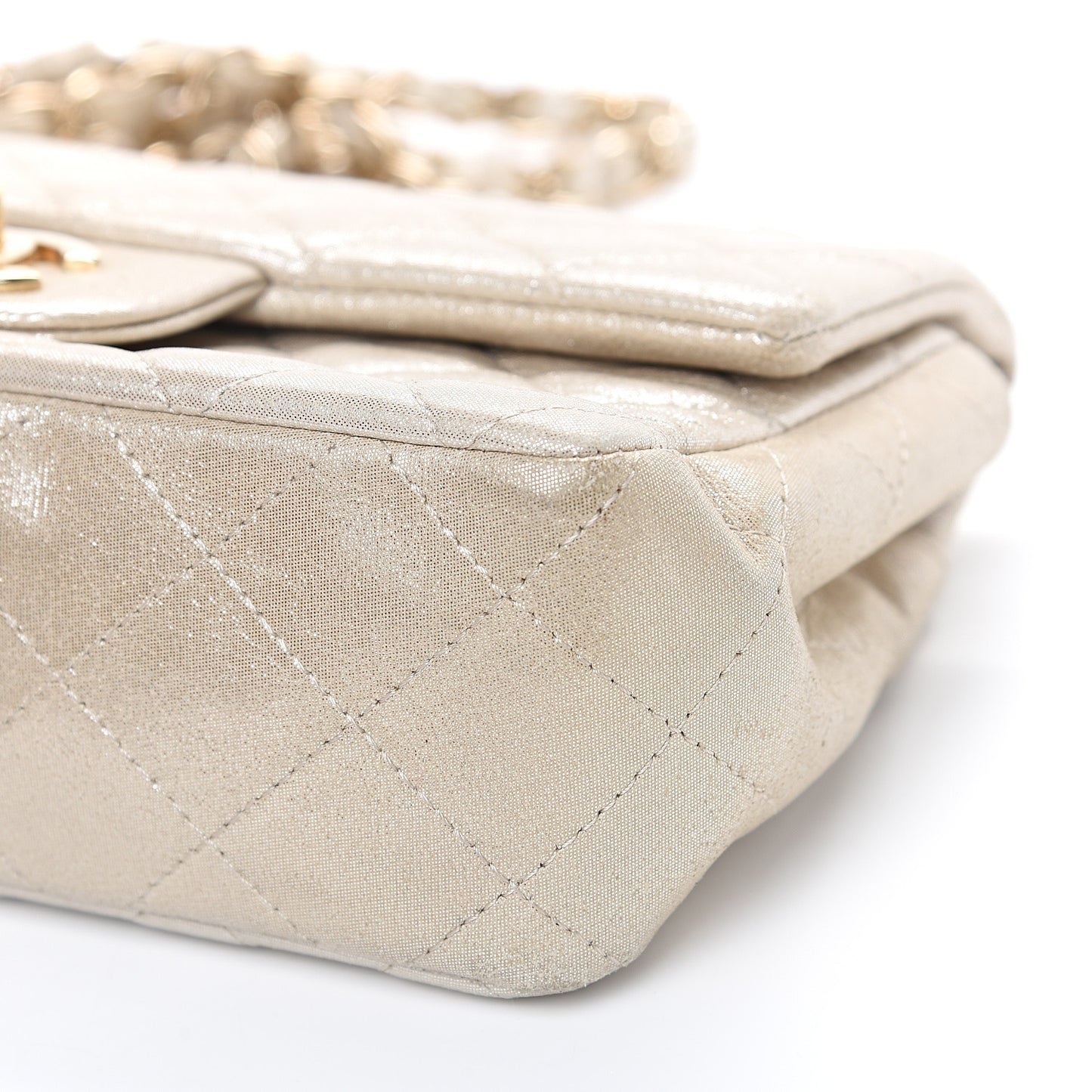 Iridescent Calfskin Quilted Mini Rectangular Flap Light Gold