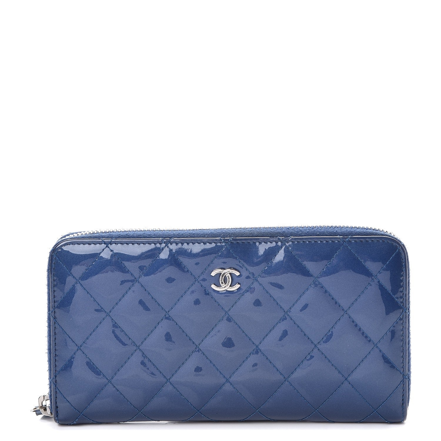 Chanel Patent Calfskin Quilted Large Gusset Zip Around Wallet Blue 1 of 9