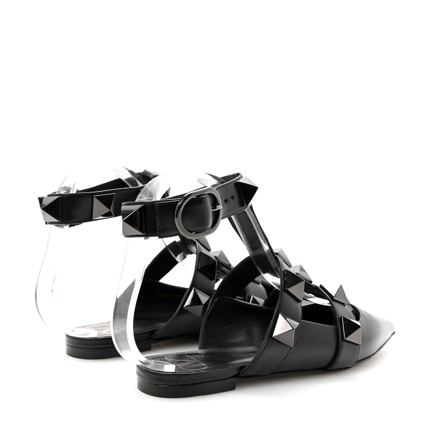 Calfskin Monochrome Roman Stud Ankle Strap Flat Mules 35 Black