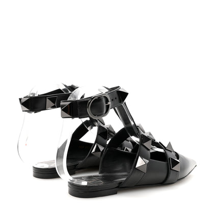 Valentino Garavani Calfskin Monochrome Roman Stud Ankle Strap Flat Mules 35 Black 5 of 9