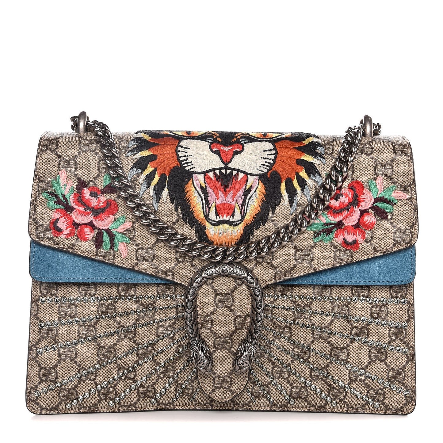 GG Supreme Monogram Angry Cat Embroidered Medium Dionysus Shoulder Bag Beige Ultramarine