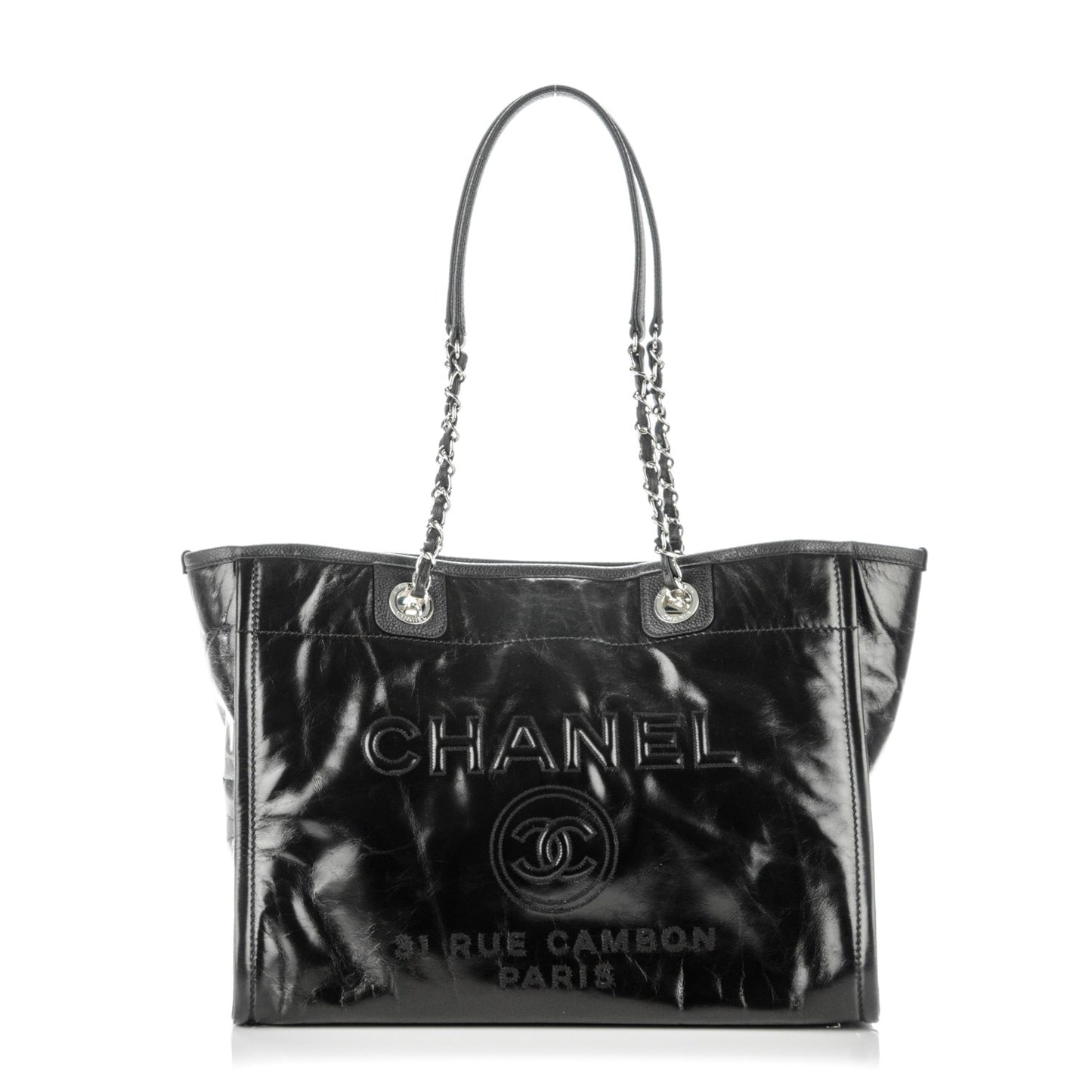 Glazed Calfskin Small Deauville Tote Black