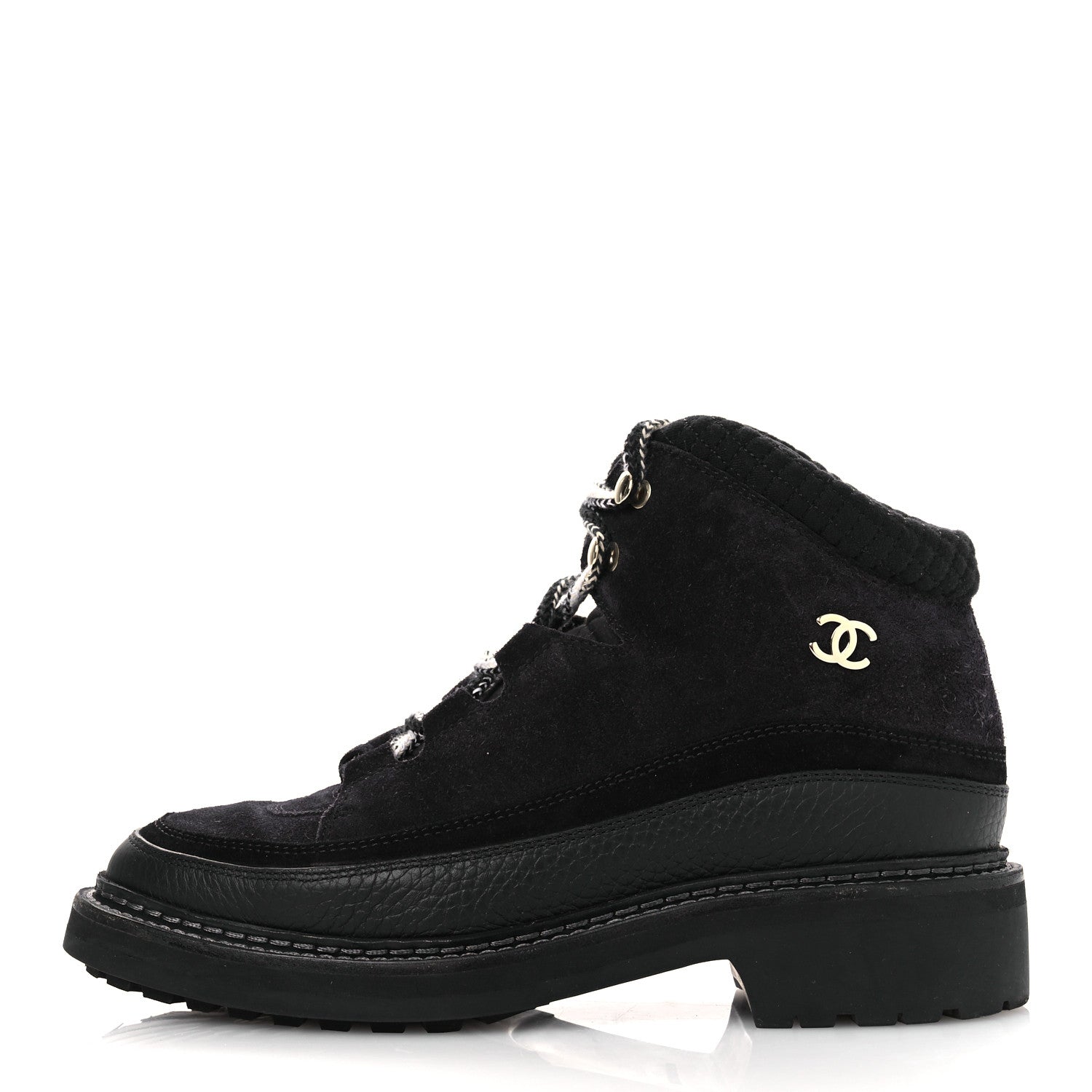 Chanel Suede Grained Calfskin CC Lace Up Boots 38 Black 1 of 13