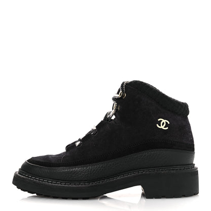 Chanel Suede Grained Calfskin CC Lace Up Boots 38 Black 1 of 13