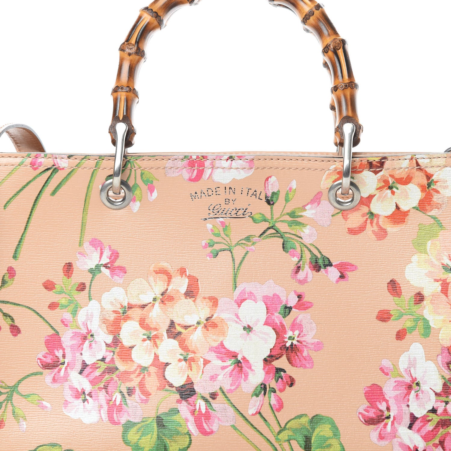 Gucci Shangai Calfskin Blooms Print Medium Bamboo Shopper Tote Pink Apricot Multicolor 8 of 12