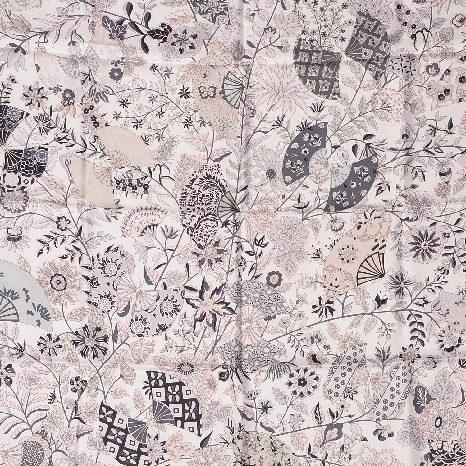 Hermes Silk Fleurs et Papillons de Tissus Scarf 90 Blanc Gris Rose Pale 1 of 5