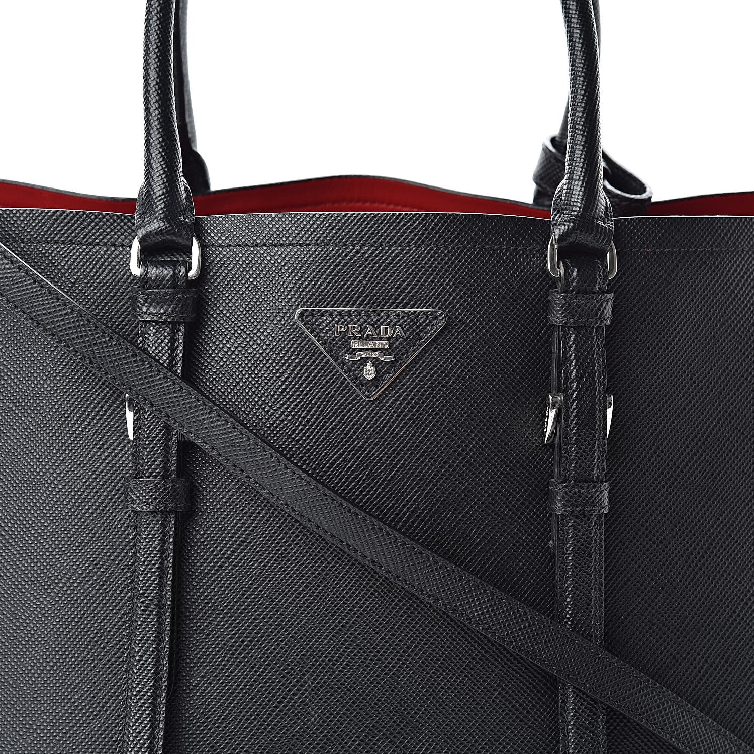 Prada Saffiano Cuir Medium Double Handle Tote Black Fuoco 9 of 13