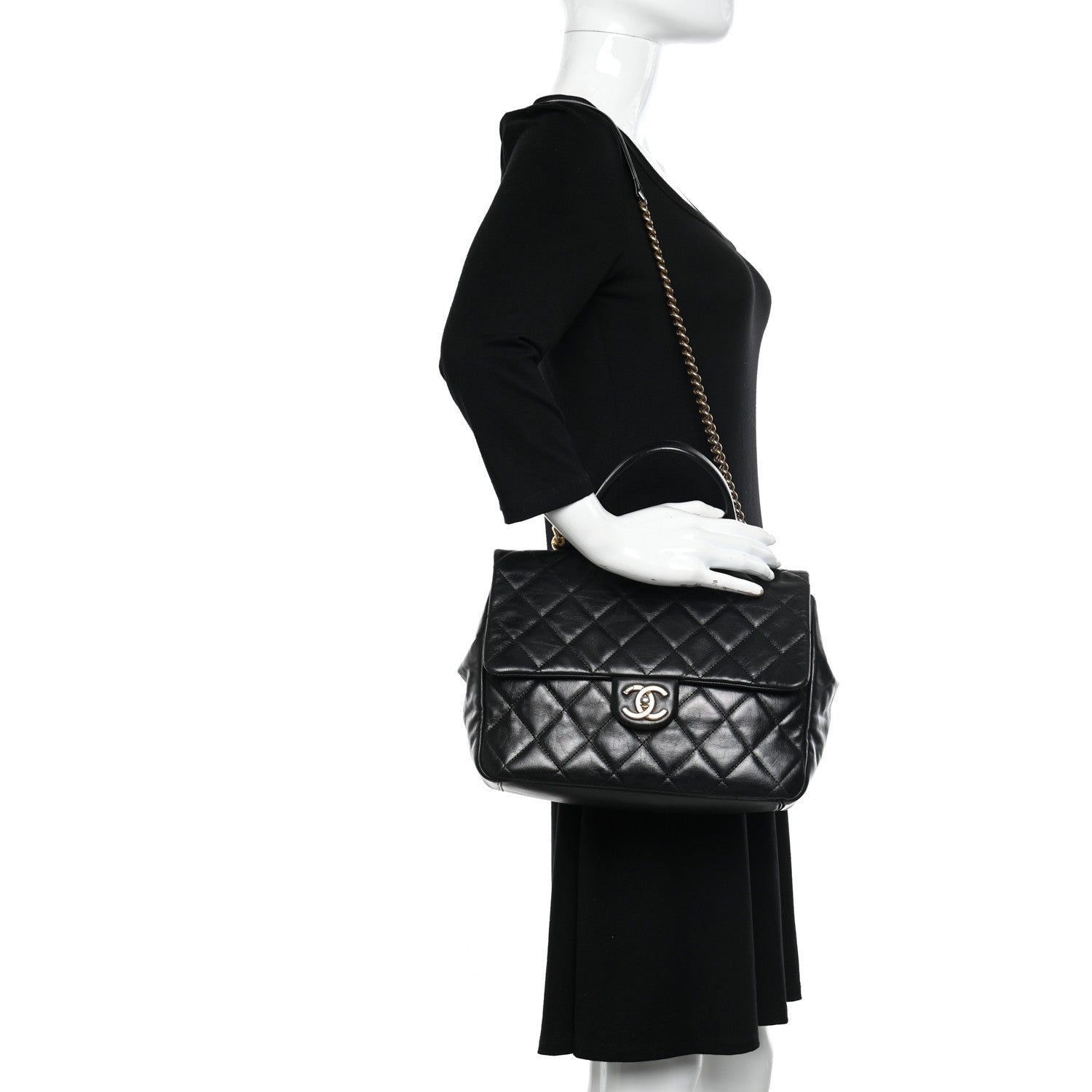 Chanel Calfskin Quilted Large Gold Bar Top Handle Flap Black 2 of 14