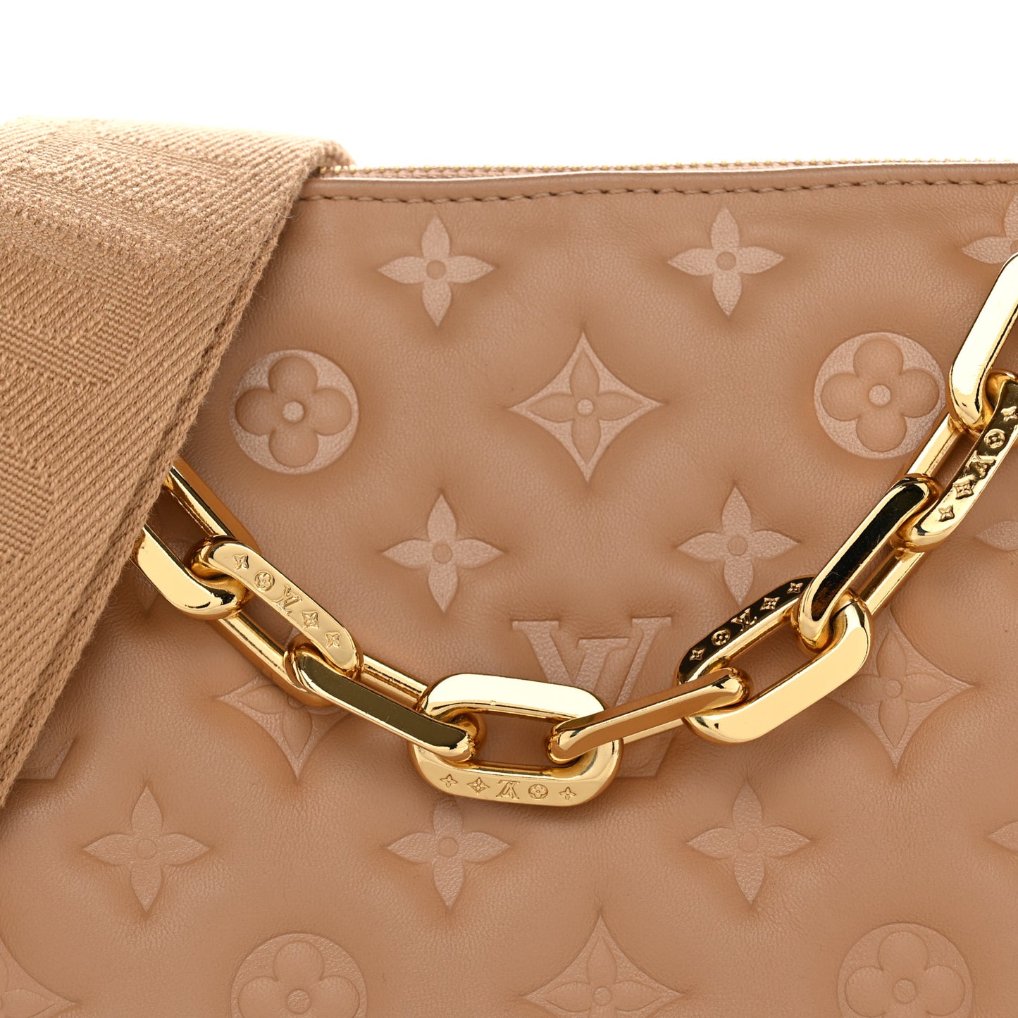 Lambskin Embossed Monogram Coussin PM Camel