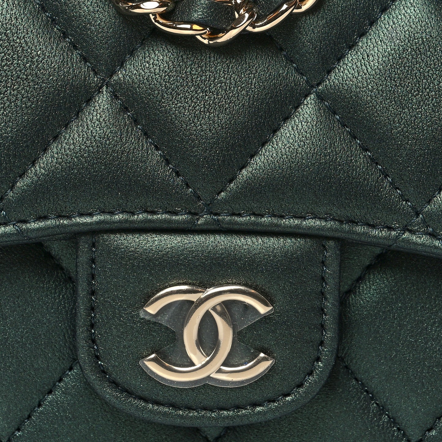 Iridescent Lambskin Quilted Top Handle Flap Clutch With Chain Dark Green