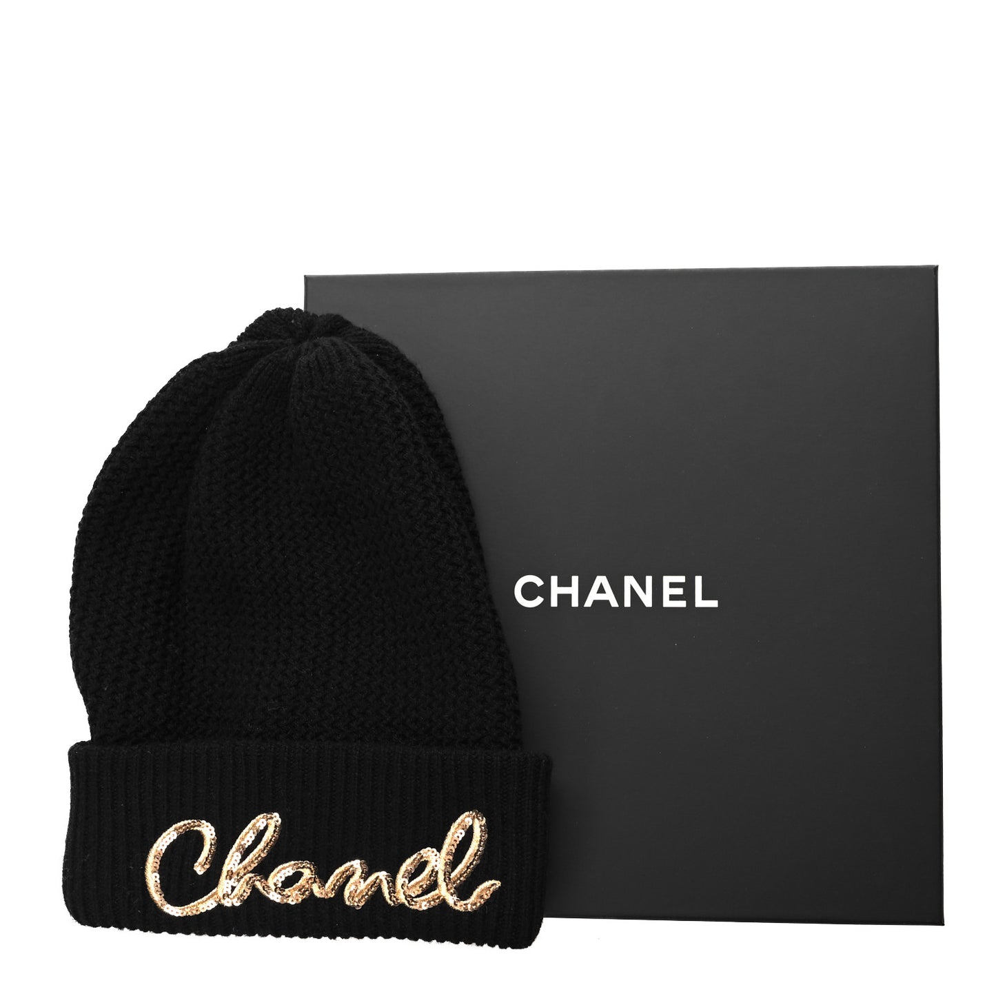 Cashmere Sequin Logo Beanie Hat Black Gold