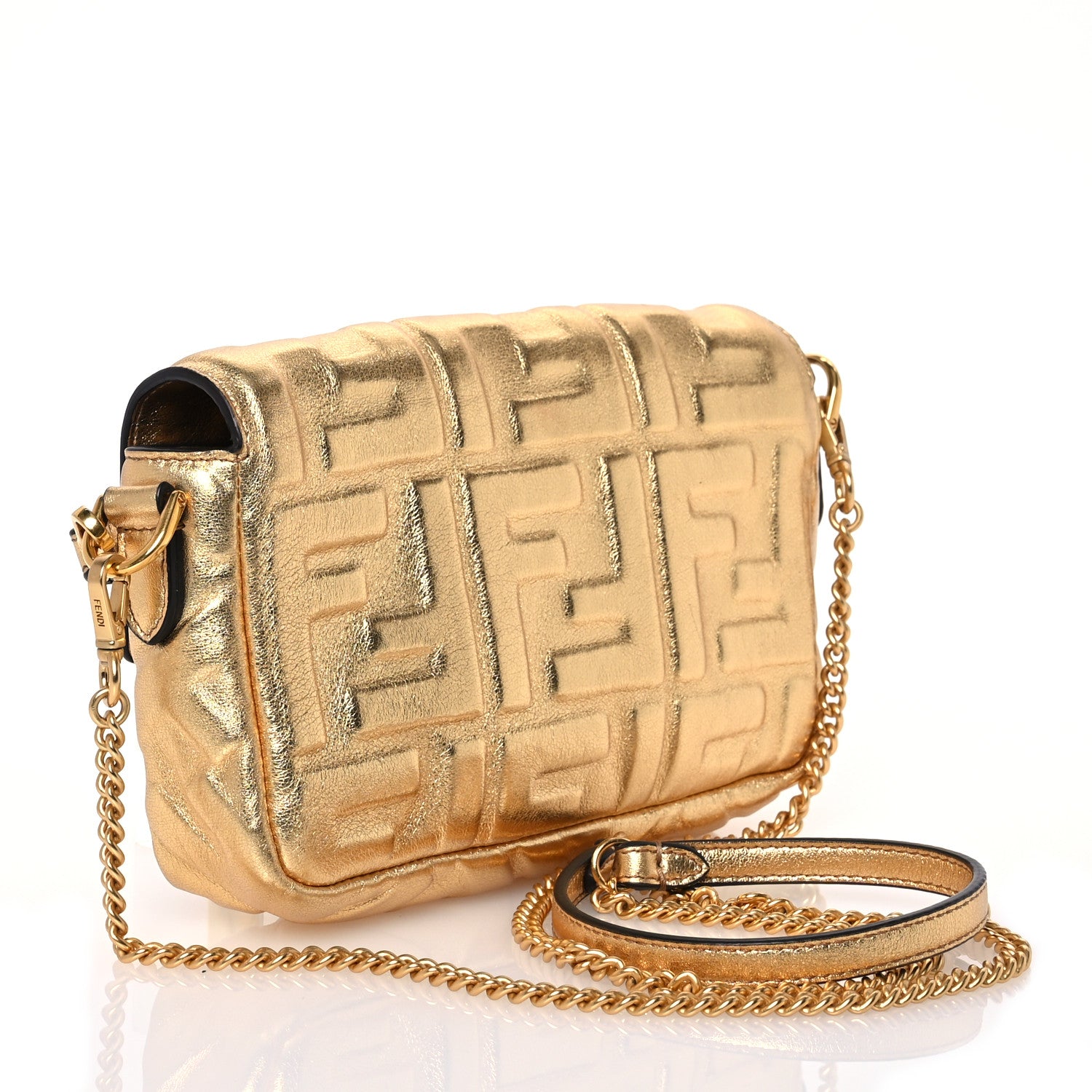 Fendi Vitello Catalan Mirror FF 1974 Embossed Mini Baguette Gold