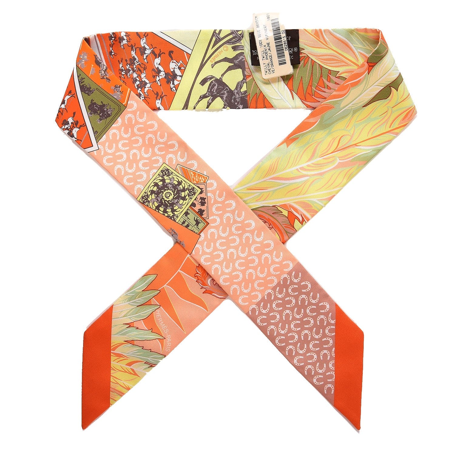 Hermes Silk Cheval Phoenix Twilly Orange Jaune Vif Vert 1 of 5