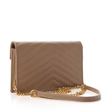 Saint Laurent Grain De Poudre Matelasse Chevron Monogram Envelope Chain Wallet Light Taupe 3 of 9