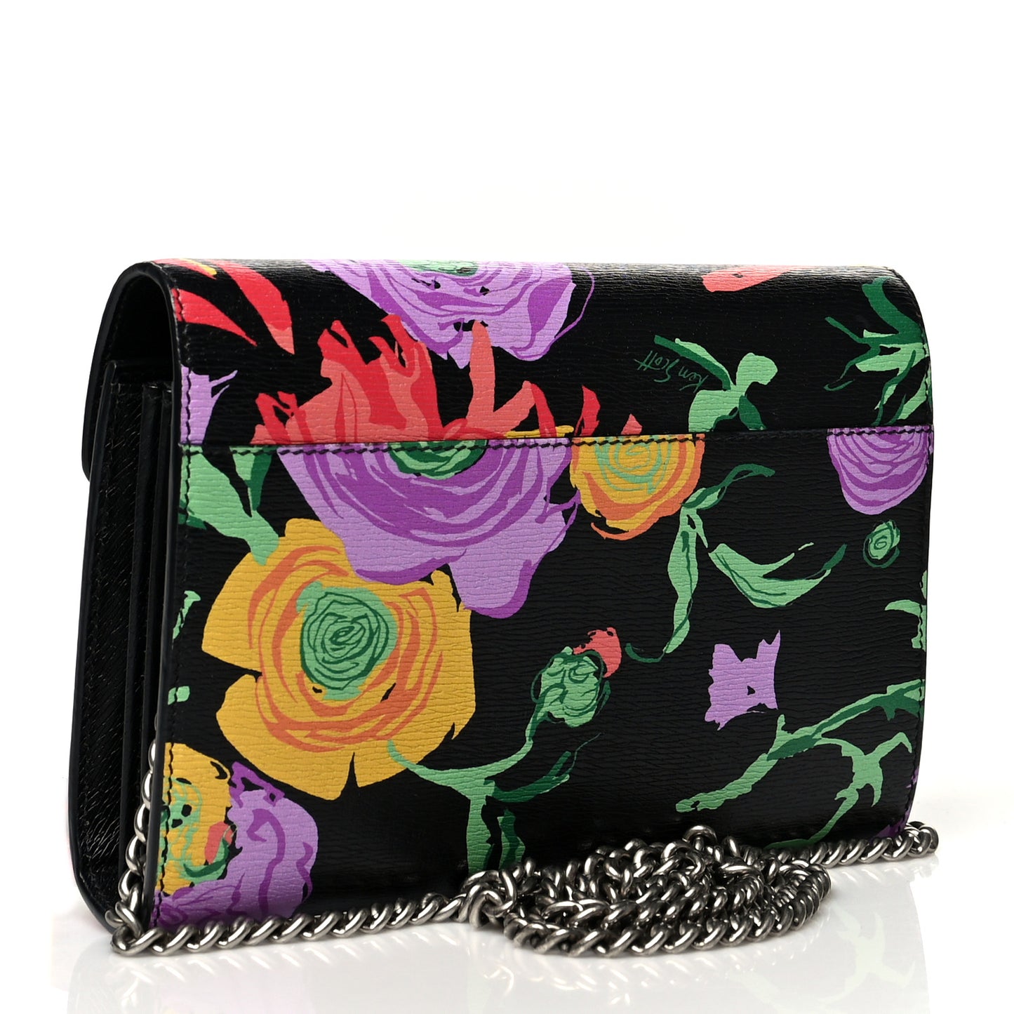 X KEN SCOTT New Shangai Calfskin Jenny Floral Print Mini Dionysus Chain Wallet Black Pink