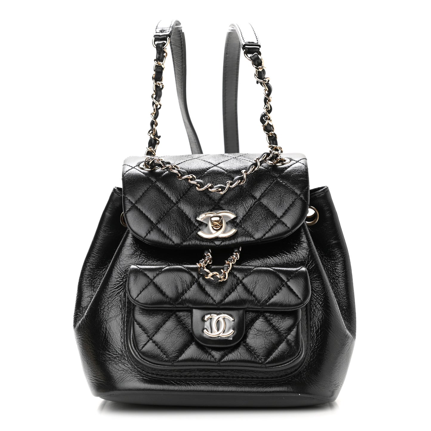 Glazed Aged Calfskin Quilted Small Duma Drawstring Backpack Black